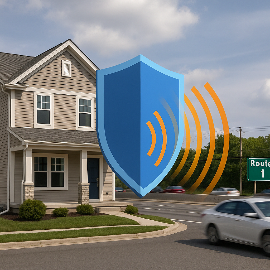 A suburban house near Route 1 with a large blue soundproof shield graphic